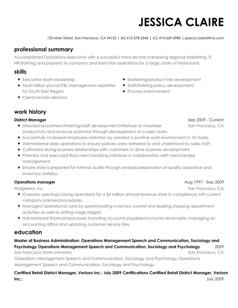 Executive resume template with formal structure and detailed layout